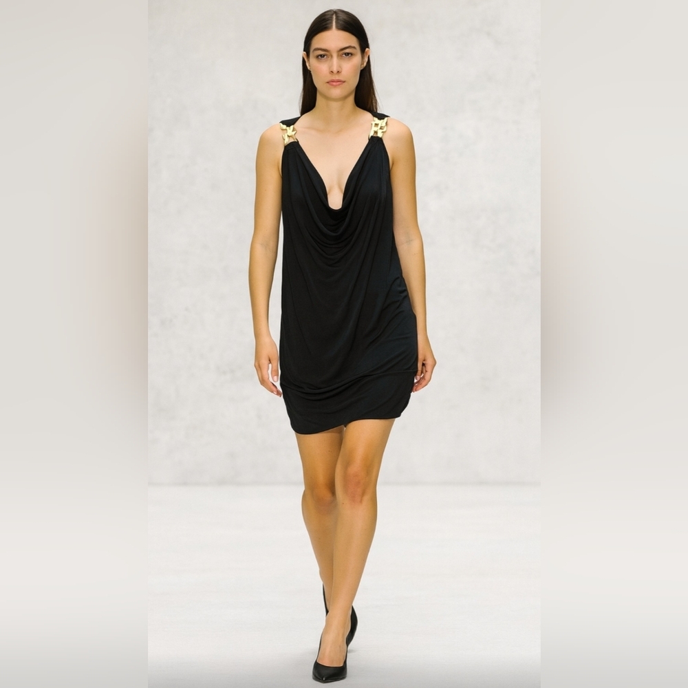 Lori Michaels Black Draped Ruched Cocktail Dress Goldtone Detail Size Large